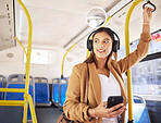 Bus, woman and phone with headphones on public transport, music and smile with business commute. City travel, stop and internet app of a female professional on a mobile with networking on metro