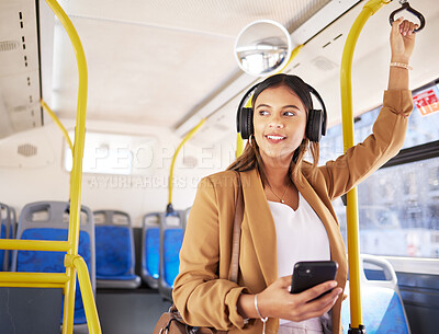 Buy stock photo Bus, woman and phone with headphones on public transport, music and smile with business commute. City travel, stop and internet app of a female professional on a mobile with networking on metro