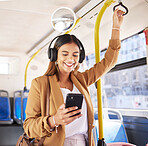 Bus, woman and phone headphones with public transport, social media scroll and smile with commute. Travel, music and internet app of a female professional on a mobile with networking on metro