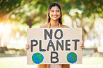 Woman, poster and save earth sign at park for climate change, environment and green eco friendly protest. Young person in portrait and nature, planet or globe support for sustainable world and action