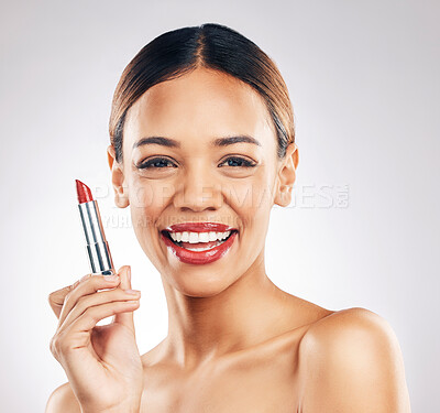 Buy stock photo Woman, red and lipstick in portrait, makeup and beauty, cosmetics with skin glow isolated on white background. Cosmetology, color and face with skincare, product with smile and self care in studio