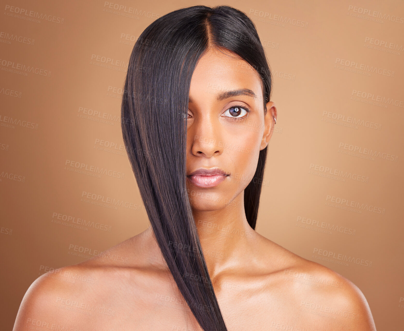 Buy stock photo Beauty, hair and cosmetics with portrait of woman in studio for keratin, salon treatment and texture. Shampoo, health and growth with face of model on brown background for glamour, shine or hairstyle