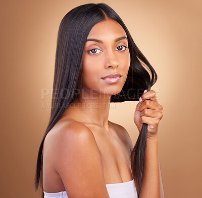 Buy stock photo Beauty, hair and health with portrait of woman in studio for keratin, salon treatment and texture. Shampoo, cosmetics and growth with face of model on brown background for glamour, shine or hairstyle