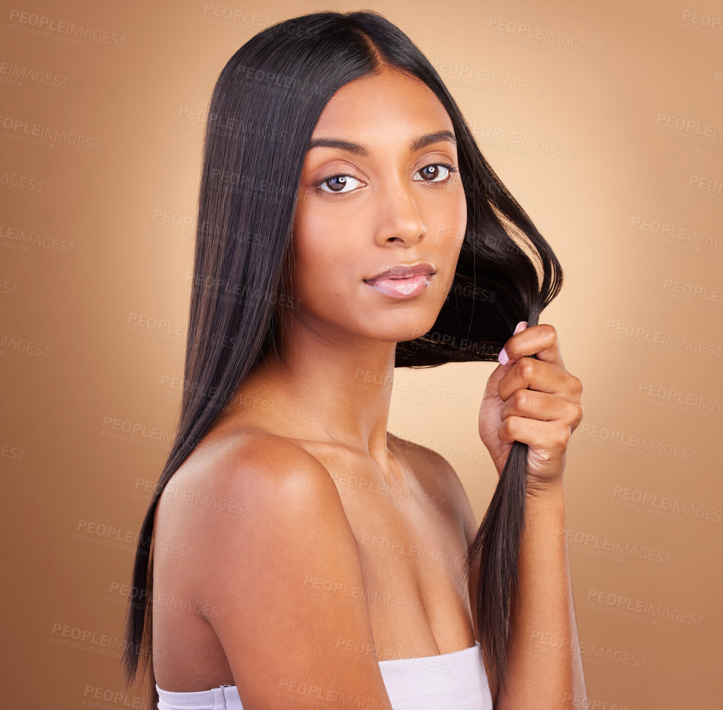 Buy stock photo Beauty, hair and health with portrait of woman in studio for keratin, salon treatment and texture. Shampoo, cosmetics and growth with face of model on brown background for glamour, shine or hairstyle