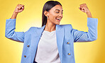 Flex, success and happy with business woman in studio for pride, professional and champion. Empowerment, power and strong with person on yellow background for celebration, achievement and winner