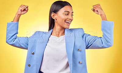 Buy stock photo Flex, success and happy with business woman in studio for pride, professional and champion. Empowerment, power and strong with person on yellow background for celebration, achievement and winner