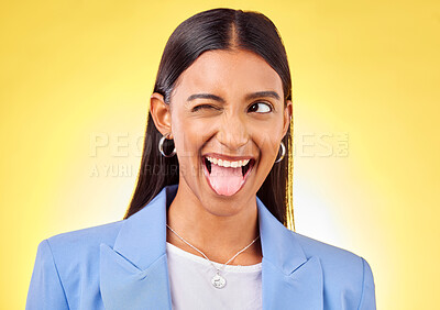 Buy stock photo Funny, business woman and crazy worker with silly and tongue out in a studio. Happy, female person and yellow background with emoji and comedy face of a employee with modern fashion and style