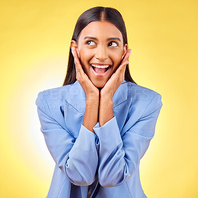 Buy stock photo Happy, business woman and hands on face in studio yellow background for creative perspective or unique thinking. Indian, model and excited entrepreneur with ideas for corporate startup in Mumbai 