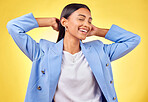 Happy woman, relax or business fashion in studio with smile or confidence on a break on yellow background. Designer, entrepreneur or female creative worker from India resting with pride or wellness