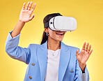 Business woman, virtual reality glasses and studio with hands, smile and 3d user experience by yellow background. Futuristic tech entrepreneur, ar vision and happy for metaverse, cyber ux or system