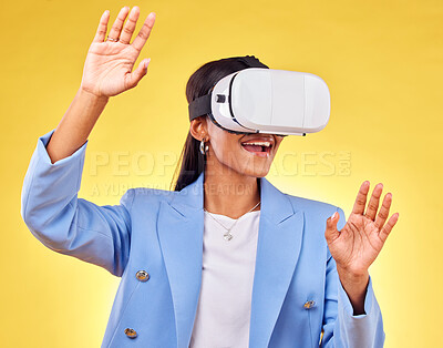 Buy stock photo Business woman, virtual reality glasses and studio with hands, smile and 3d user experience by yellow background. Futuristic tech entrepreneur, ar vision and happy for metaverse, cyber ux or system