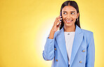 Business, phone call and woman with conversation, smile and communication on yellow studio background. Thinking, person or insurance consultant with a smartphone, planning or chatting with connection