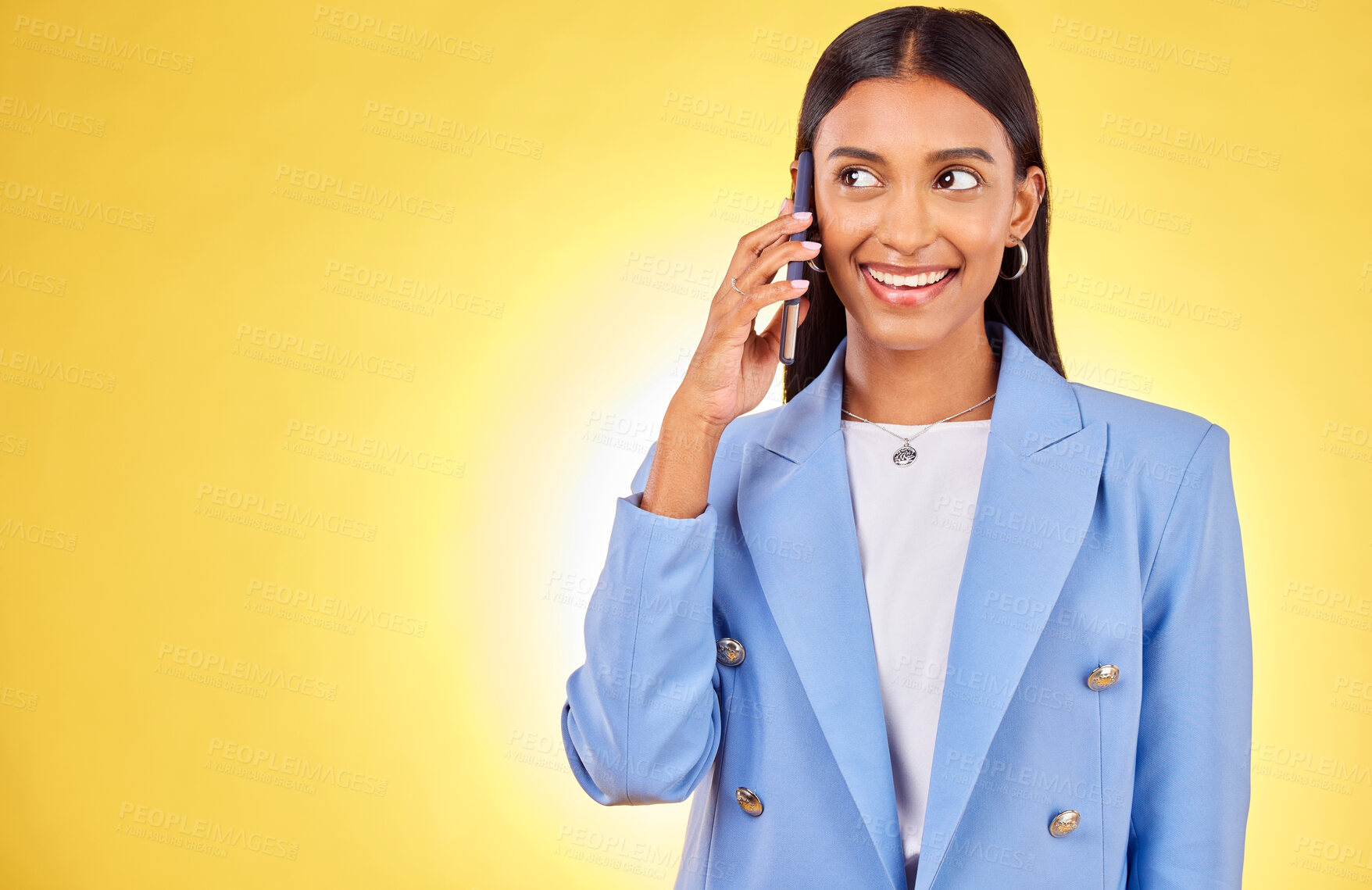 Buy stock photo Business, phone call and woman with conversation, smile and communication on yellow studio background. Thinking, person or insurance consultant with a smartphone, planning or chatting with connection