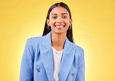 Buy stock photo Business woman, smile and happy portrait with professional style and fashion in a studio. Yellow background and female creative worker from India with job pride and writer agency career confidence
