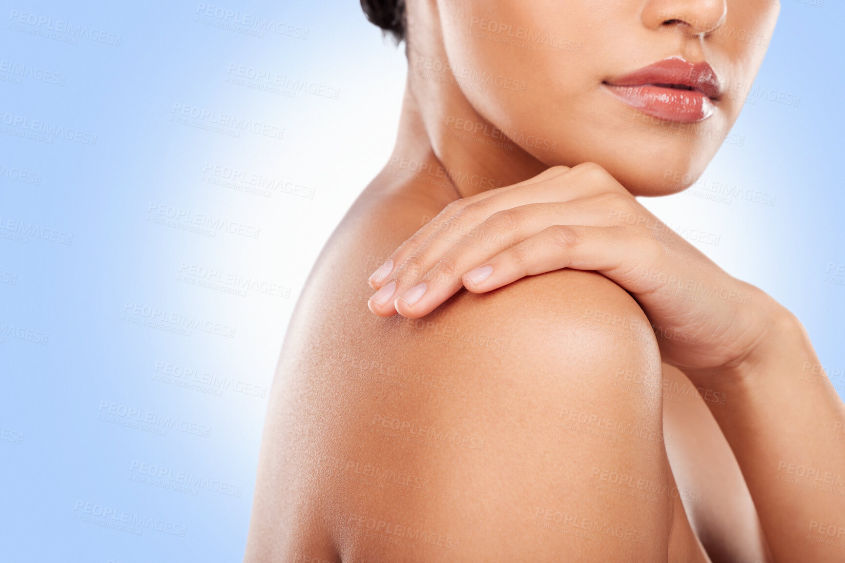 Buy stock photo Woman, body and skin with beauty and glow, cosmetic care and wellness isolated on blue background. Model in studio, mockup space and dermatology, natural skincare and shine with treatment and clean
