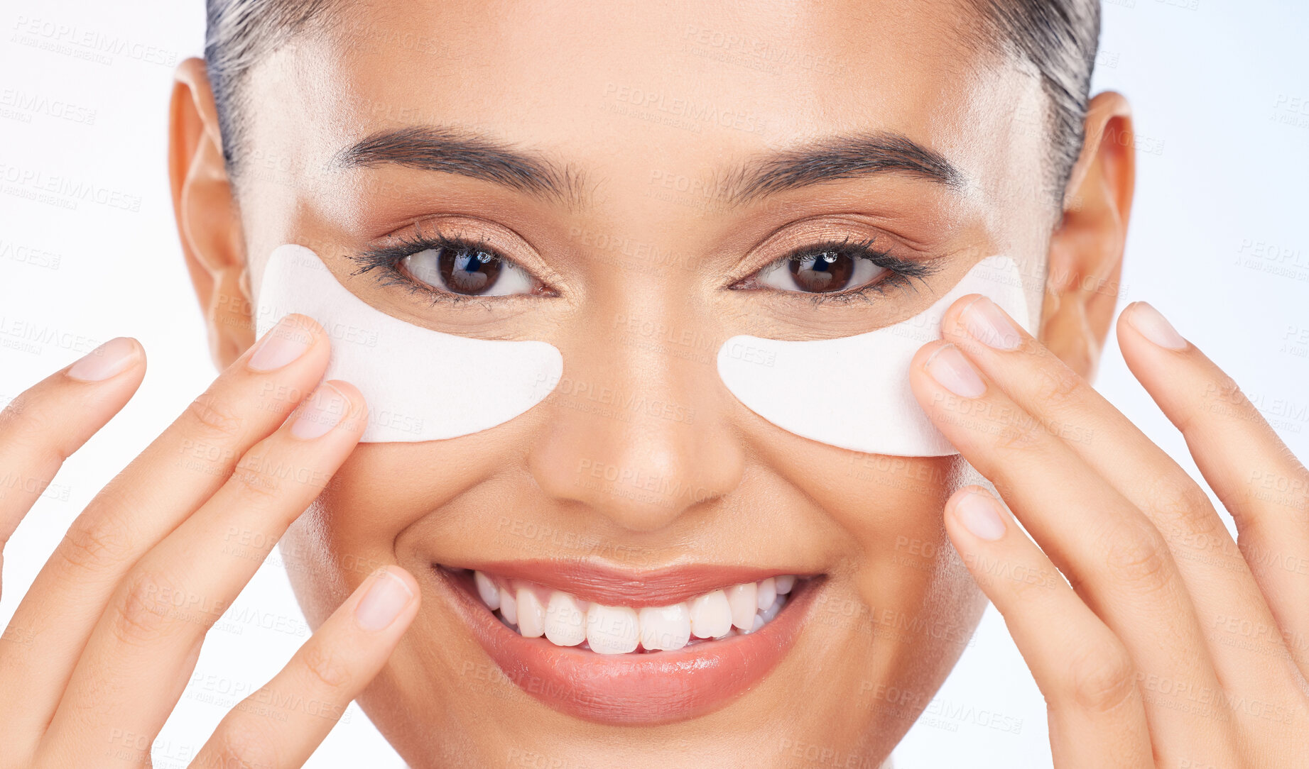 Buy stock photo Skincare, portrait and happy woman with eye patch for anti aging luxury skin glow on white background. Cosmetics, facial mask and face of model with solution or collagen pad for dermatology in studio