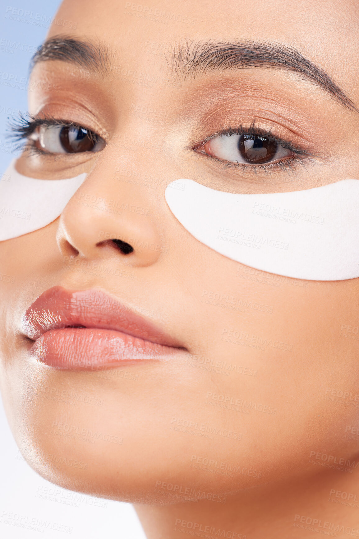 Buy stock photo Portrait, woman and eye patch for skincare and face health, dermatology and self care shine on studio background. Beauty, person and facial product with collagen mask, wellness and glow with zoom