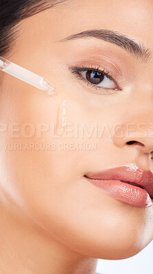 Buy stock photo Woman, face and oil serum for skincare, cosmetics and beauty product on a white background. Portrait of person in facial liquid, dermatology dropper or collagen for skin care zoom or makeup in studio