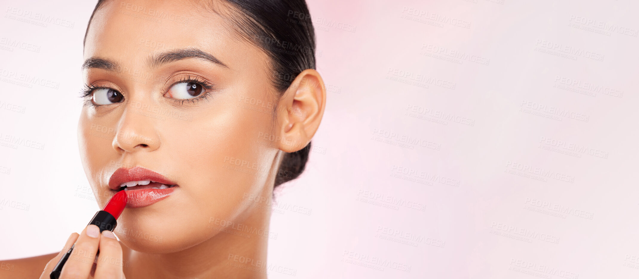 Buy stock photo Red lipstick, mockup and face of woman with makeup or cosmetics on pink background space and thinking about product. Lips, beauty and model with ideas for skincare or choice of color on mouth 