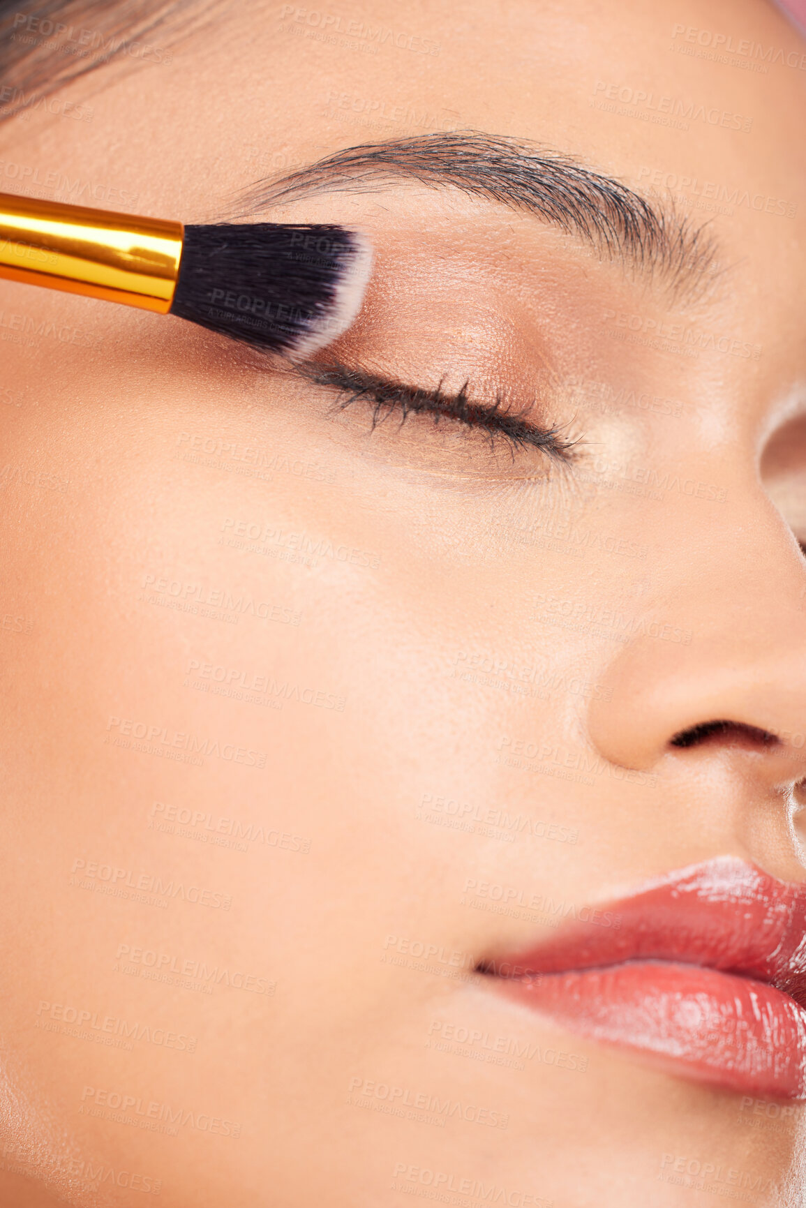 Buy stock photo Makeup brush, eyes closed and face of woman with eyeshadow product, cosmetics shine and beauty care tools. Foundation application, anti aging treatment and studio closeup of relax skincare model