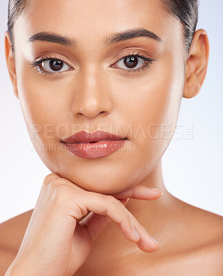 Buy stock photo Beauty, makeup and cosmetics with portrait of woman in studio for product, glow and self care. Face health, natural skincare and dermatology with person on white background for facial and salon