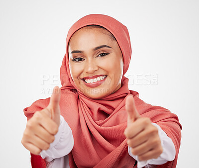 Buy stock photo Muslim, woman and thumbs up, hands and agreement with smile in portrait isolated on white background. Hijab, opinion with communication and success, support and like emoji with vote in a studio