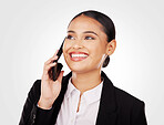 Professional, business and woman with phone on call for networking, face and digital in studio on white background. Communication, person and smile with smartphone for contact, chat and career
