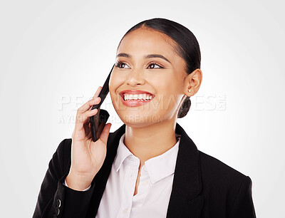 Buy stock photo Professional, business and woman with phone on call for networking, face and digital in studio on white background. Communication, person and smile with smartphone for contact, chat and career