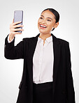 Business woman, phone and video call in discussion, networking or communication against a studio background. Happy female person or employee smile talking on mobile smartphone for online conversation