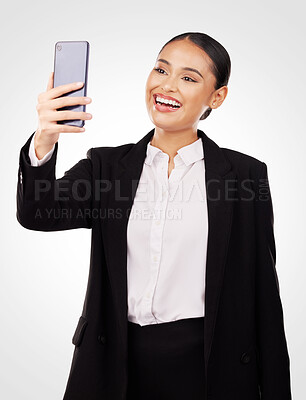 Buy stock photo Business woman, phone and video call in discussion, networking or communication against a studio background. Happy female person or employee smile talking on mobile smartphone for online conversation