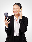 Business woman, selfie and phone for social media, video call and networking or online opportunity in studio. Professional worker or happy employee with chat or profile picture on a white background