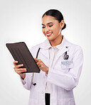 Happy woman, doctor and tablet in medical research, communication or Telehealth against a studio background. Female person, nurse or healthcare professional smile on technology for online networking