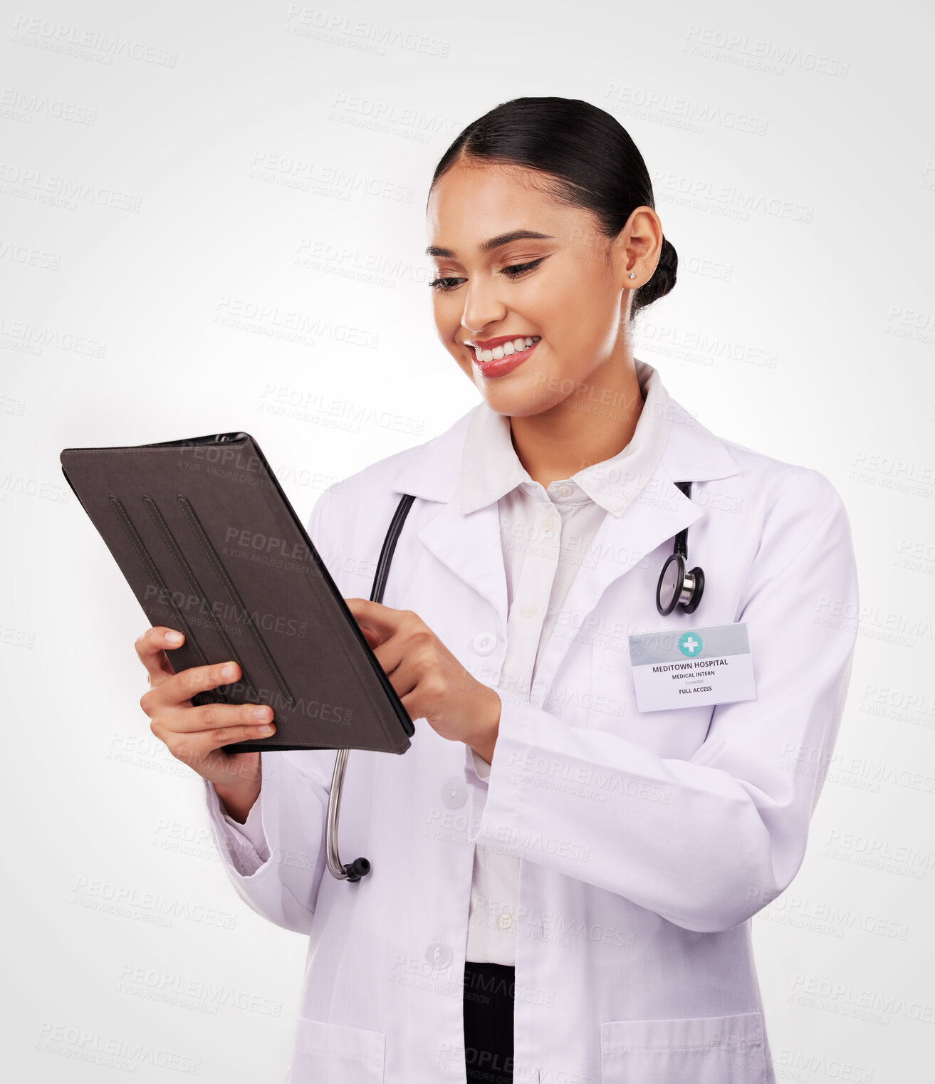 Buy stock photo Happy woman, doctor and tablet in medical research, communication or Telehealth against a studio background. Female person, nurse or healthcare professional smile on technology for online networking