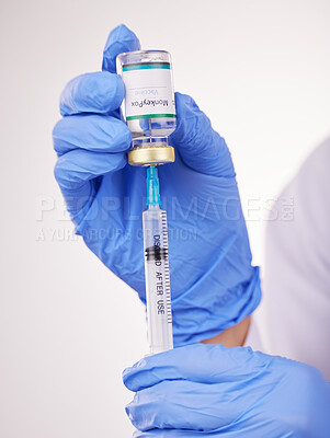 Buy stock photo Health, doctor hands and vaccine, syringe and bottle with safety from monkey pox in white background. Person with glass container, immunity and needle for healthcare, protect and medicine in studio