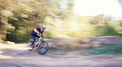 Buy stock photo Blur, race and man cycling in nature training for a competition on trail in forest or woods. Action, sports or fast cyclist athlete riding bicycle at speed for cardio exercise, fitness or workout