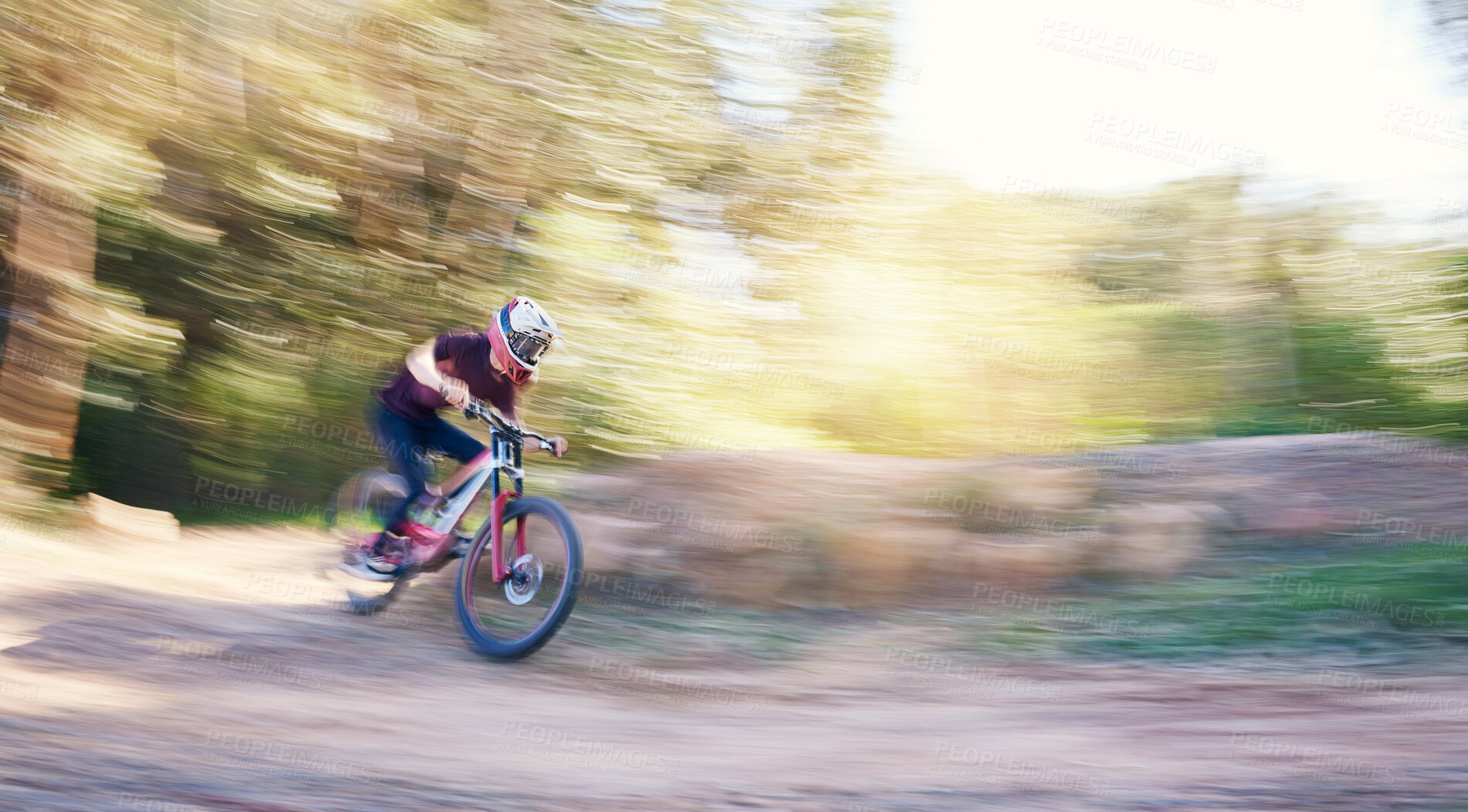 Buy stock photo Blur, race and man cycling in nature training for a competition on trail in forest or woods. Action, sports or fast cyclist athlete riding bicycle at speed for cardio exercise, fitness or workout