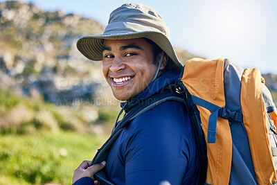Buy stock photo Portrait, hiker or happy man in nature walking on outdoor adventure for camping on holiday vacation. Wellness, smile or confident traveler with backpack on trekking or hiking break or journey trip 