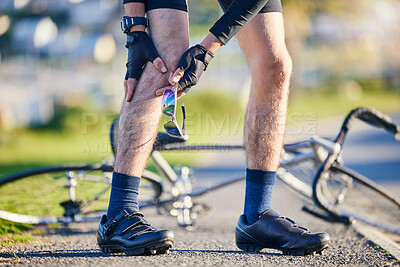 Buy stock photo Man, cyclist and legs in knee injury, accident or pain after cycling exercise, fitness or outdoor workout on road. Closeup of male person or biker with sore bruise, inflammation or bicycle fall