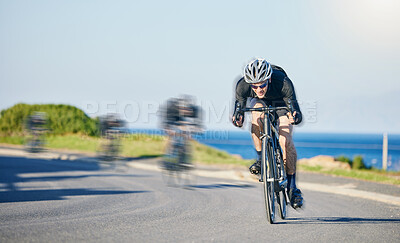 Buy stock photo Motion blur, race and cyclist on bike on road in mountain with helmet, exercise adventure trail and speed. Cycling action , nature and men with bicycle for fast workout, training motivation or energy