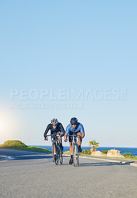 Buy stock photo Competition, fitness and men on bicycle on road in nature with helmet, exercise adventure and speed. Cycling race, blue sky and cyclist race with bike for fast workout, training motivation and energy