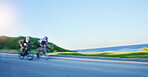 Blur motion, sports and people cycling on bicycle for race, competition or marathon training. Fitness, fast and team of athlete cyclists riding a bike for speed practice on a mountain road in nature.