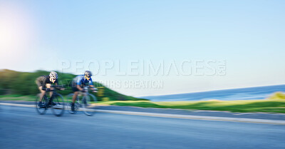 Buy stock photo Blur motion, sports and people cycling on bicycle for race, competition or marathon training. Fitness, fast and team of athlete cyclists riding a bike for speed practice on a mountain road in nature.