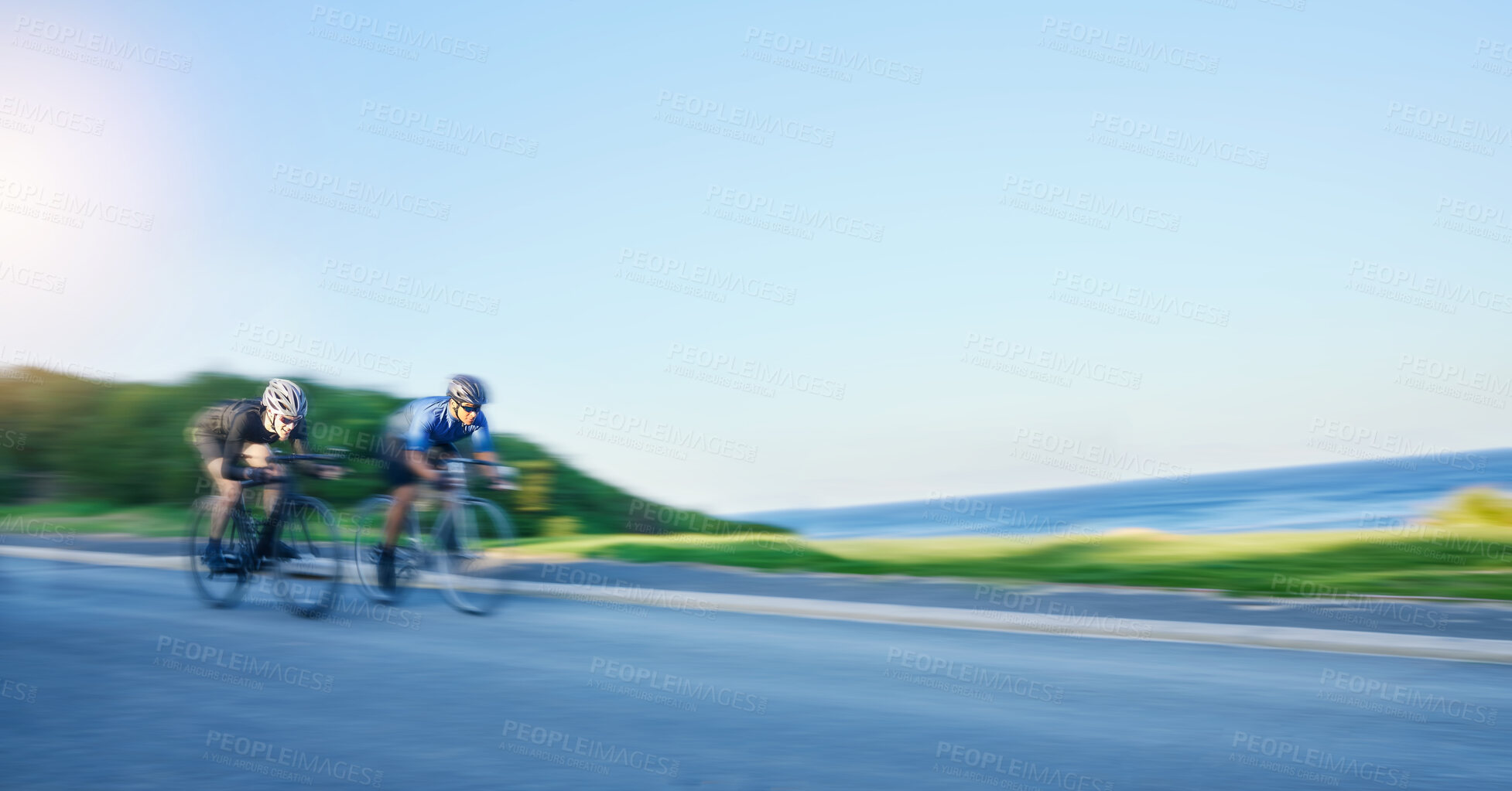 Buy stock photo Blur motion, sports and people cycling on bicycle for race, competition or marathon training. Fitness, fast and team of athlete cyclists riding a bike for speed practice on a mountain road in nature.