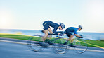 Motion blur, competition and cyclist on bicycle on road in nature with helmet, exercise adventure and speed. Cycling race, challenge and men with bike for fast workout, training motivation or energy.