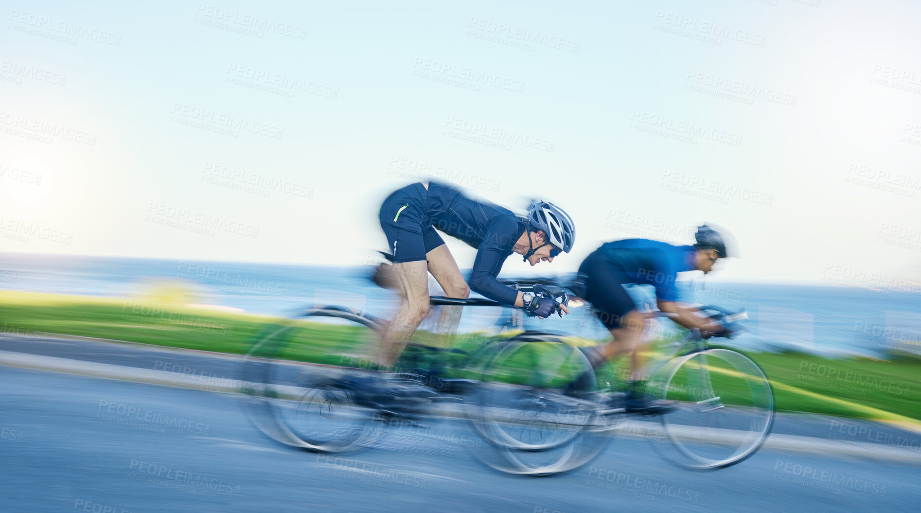 Buy stock photo Motion blur, competition and cyclist on bicycle on road in nature with helmet, exercise adventure and speed. Cycling race, challenge and men with bike for fast workout, training motivation or energy.
