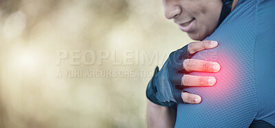 Buy stock photo Man, cycling or muscle injury, shoulder pain or emergency in training, fitness or exercise on mockup space. Cyclist, accident or closeup of hand on arm problem in workout, race or activity in nature