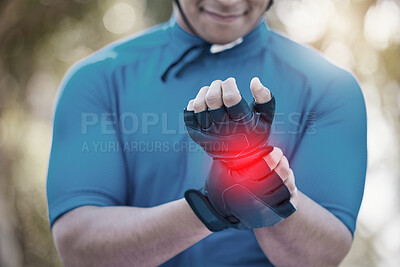 Buy stock photo Man, cycling or hand on wrist pain, joint injury or emergency in training, workout or fitness exercise. Injured cyclist, accident or closeup of hurt athlete with problem in race or activity in nature