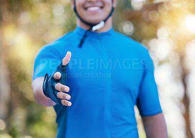 Buy stock photo Man, cyclist and handshake in fitness, partnership or deal in agreement, greeting or competition in nature. Closeup of male person athlete shaking hands for introduction, workout or outdoor exercise