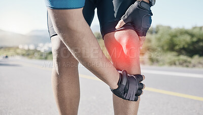 Buy stock photo Man, closeup and cyclist with knee pain, road and emergency with accident, red highlight and fitness. Person, biker and athlete with broken leg, inflammation and bruise with injury and training