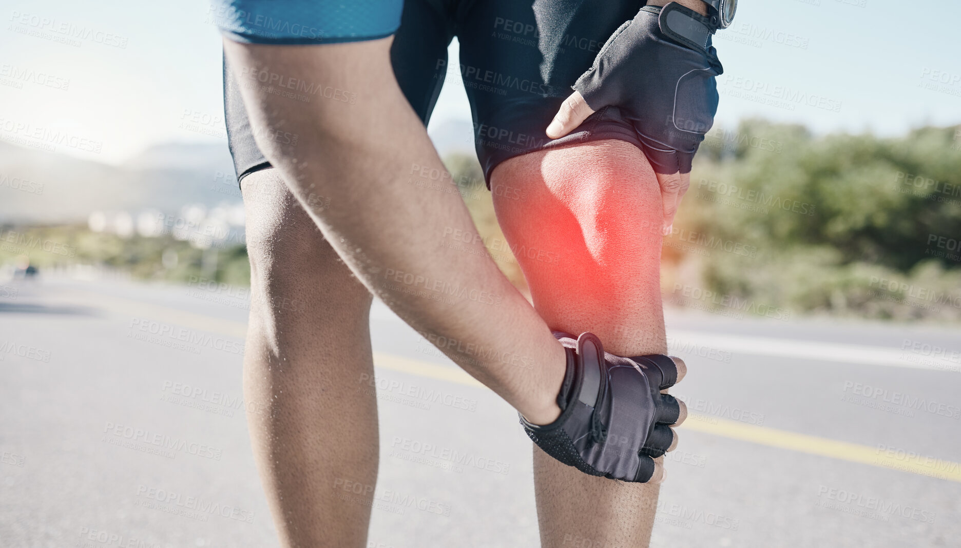 Buy stock photo Man, closeup and cyclist with knee pain, road and emergency with accident, red highlight and fitness. Person, biker and athlete with broken leg, inflammation and bruise with injury and training